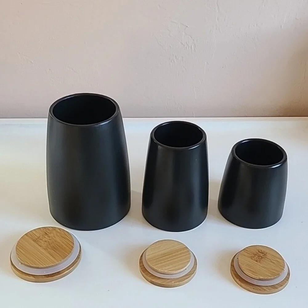 Short Stories 3 Piece Black Ceramic & Wood Canister Set